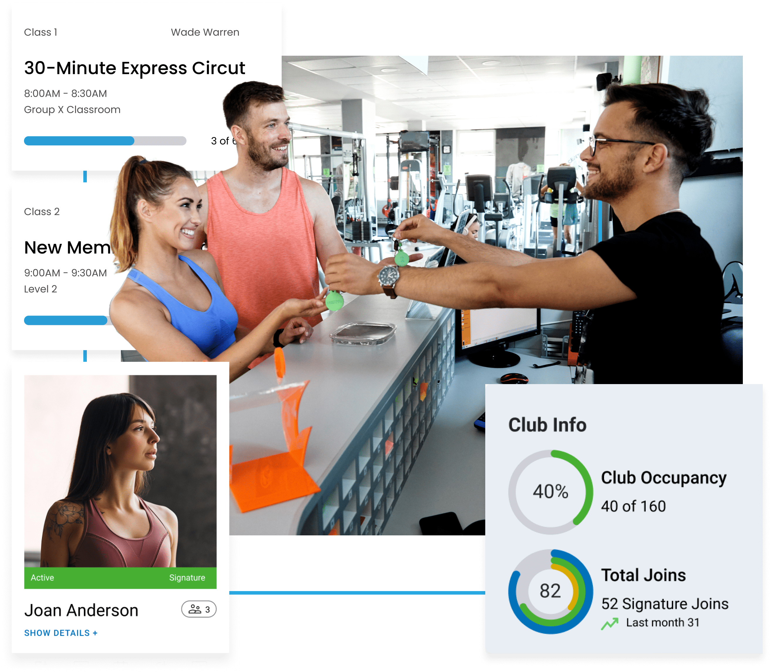 ABC Fitness gym and dashboard featuring graphs displaying workout plans, exercise routines, and performance metrics for tracking fitness progress.